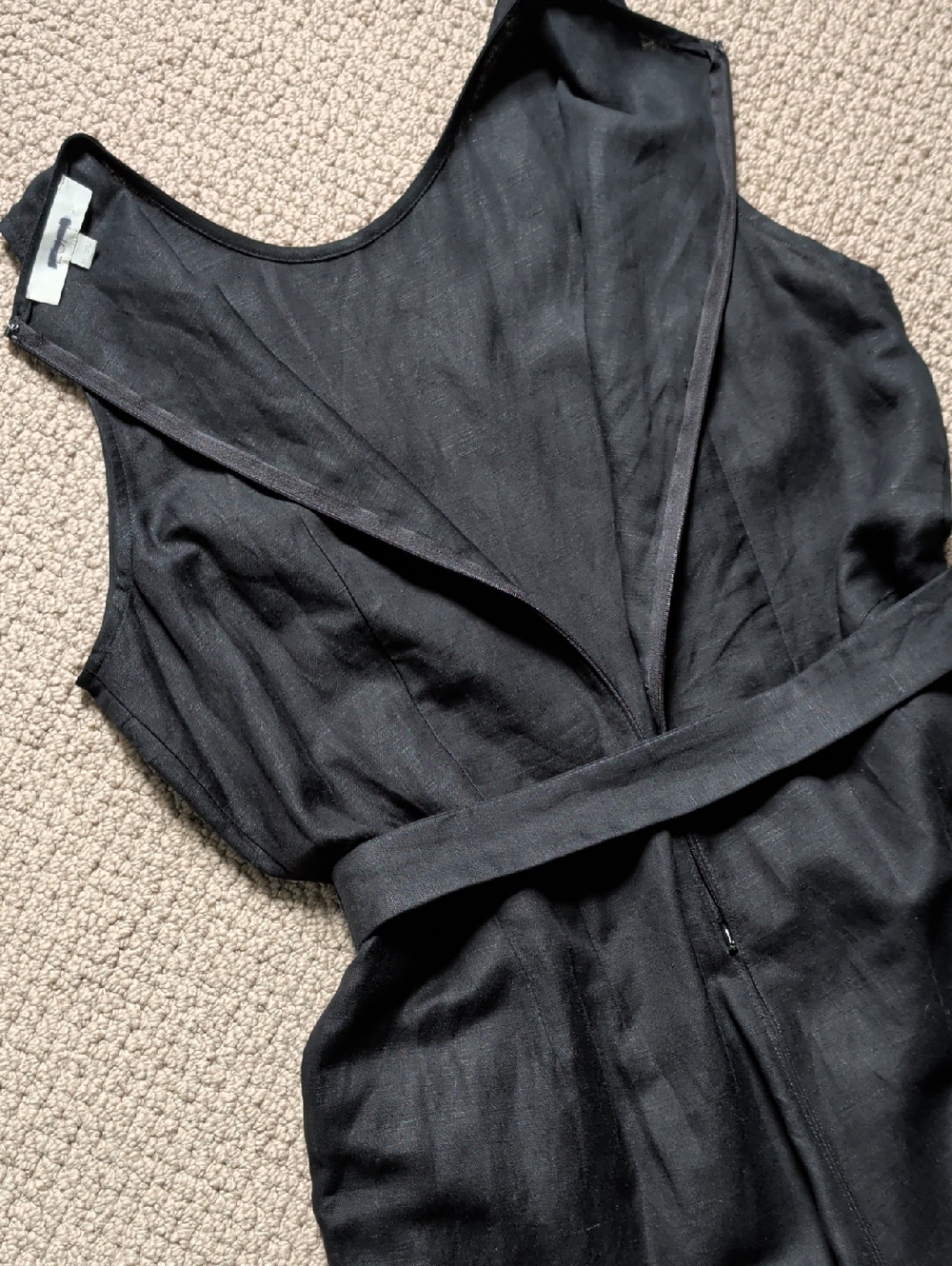 Black Linen Wide Leg Belted Jumpsuit Minimalist Pockets Sz 14 - Picture 7 of 12
